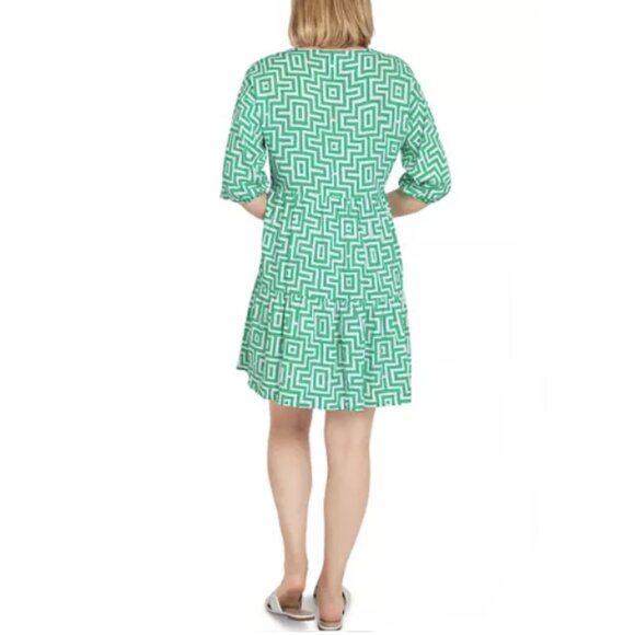 Ruby Rd. dress Women's XL Green white trellis print Split neck 3/4 puff sleeves - Picture 2 of 16